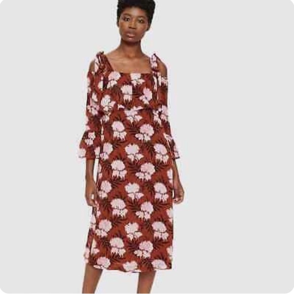 GANNI Monette Georgette Midi Cold Shoulder Floral Dress - Picture 1 of 12